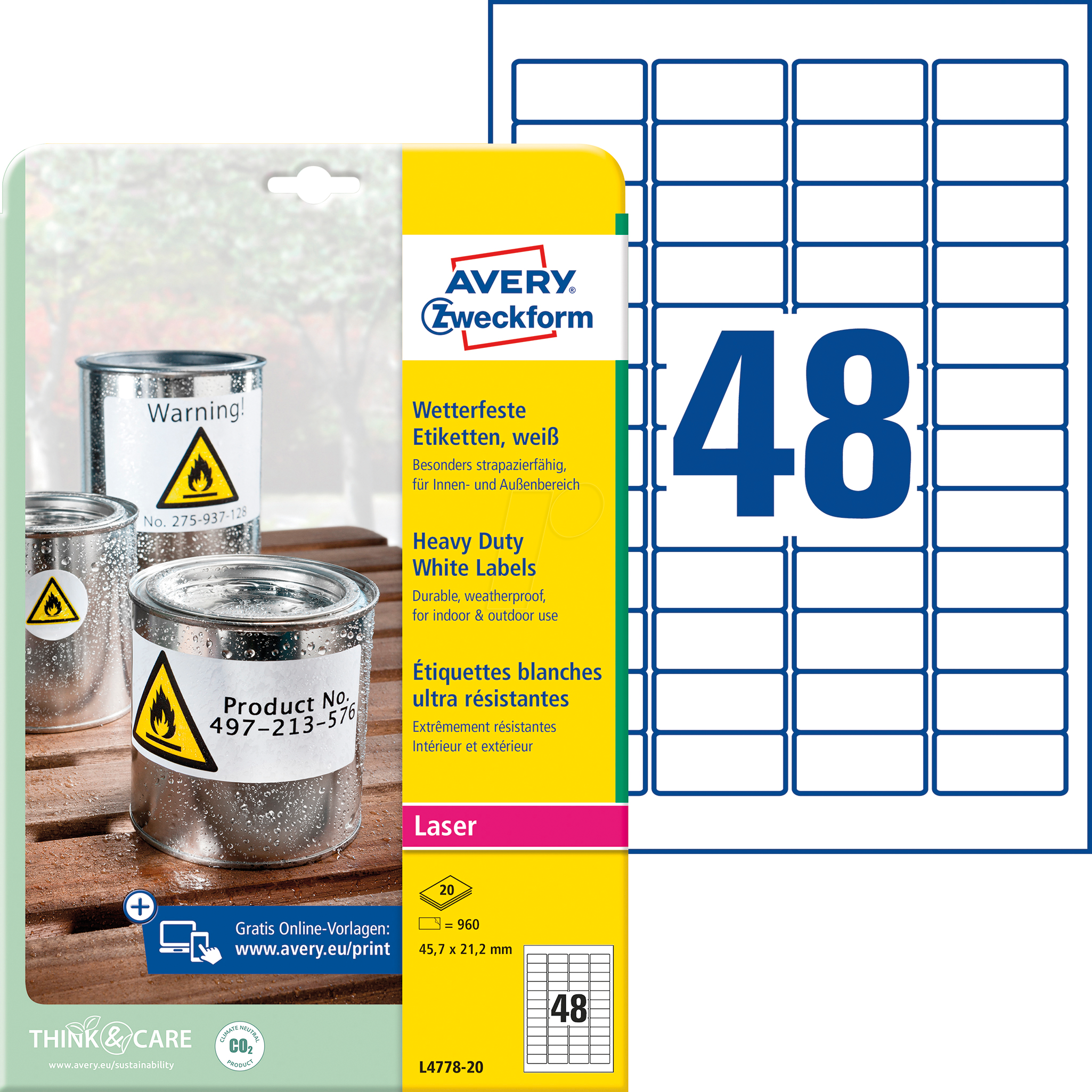 AVZ L4778-20 - Folien-Etiketten, wasserfest, 45,7 x 21,2 mm, 960 Stück, weiß