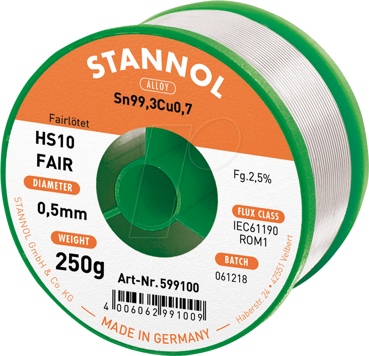 Thumbnail - STA HS10F TC 0,5 - Lötzinn HS10 FAIR bleifrei mit Kupferanteil, Ø 0,5 mm, 250 g