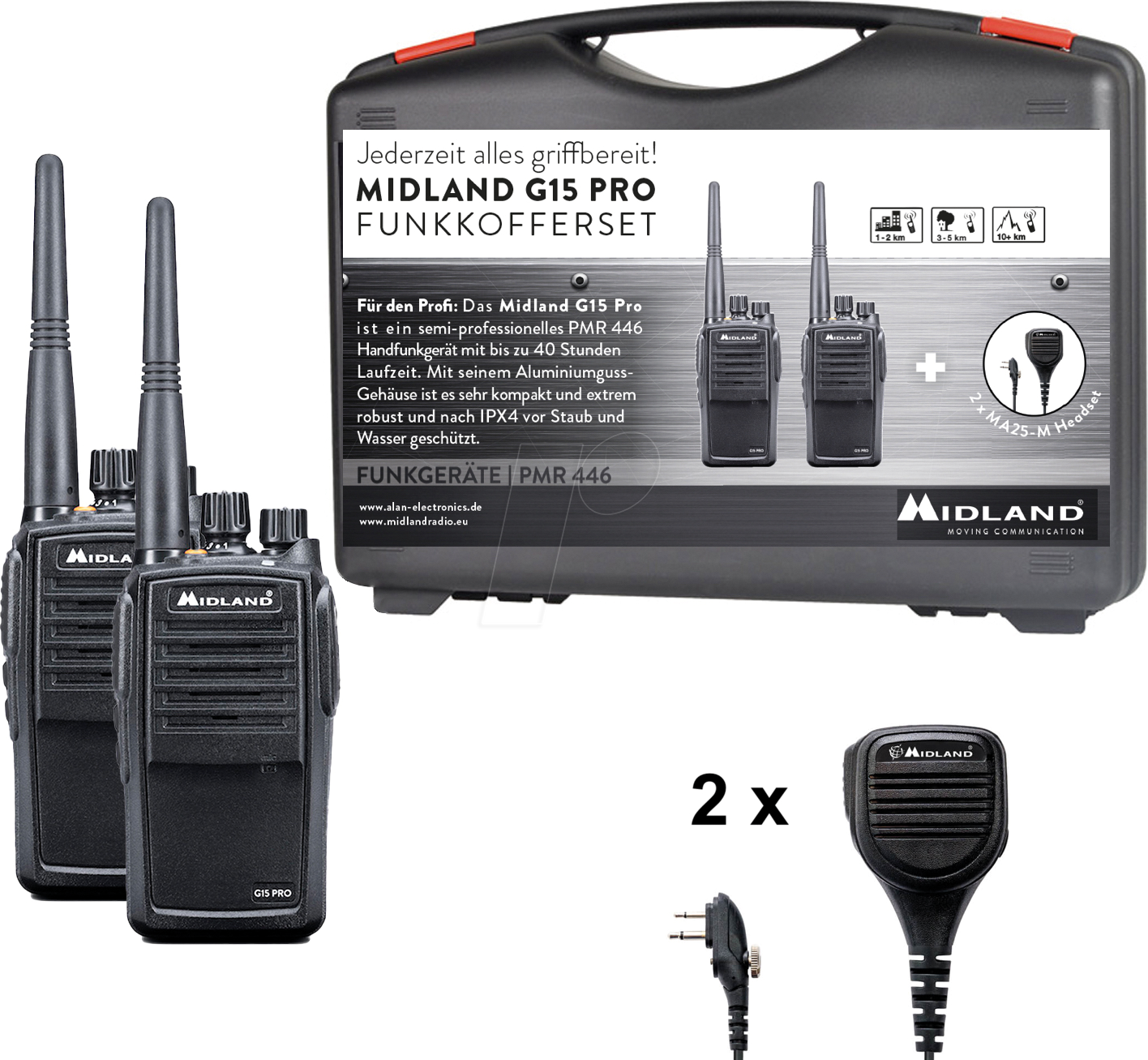 MIDLAND G15 S6 - PMR Funkgerät, Baustellen-Koffer, 2er Set