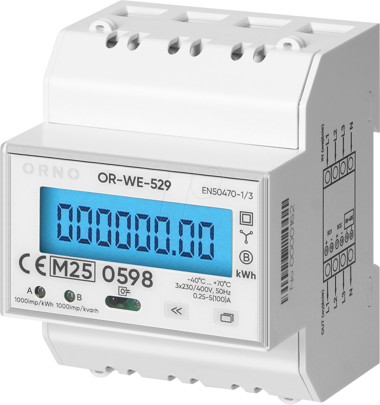 ORNO OR-WE-529 - 3 Phasen Hutschiene Stromzähler, MID geeicht, 100A, 4 TE, PV-Rea