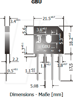 GBU12K DIO - Einphasen-Brückengleichrichter, 800 Vrrm, 12 A, SIP