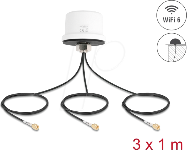 DELOCK 81472 - Antenne 4G Dualband WiFi 6 2x SMA + 1x RP-SMA Stecker, Schraubmo