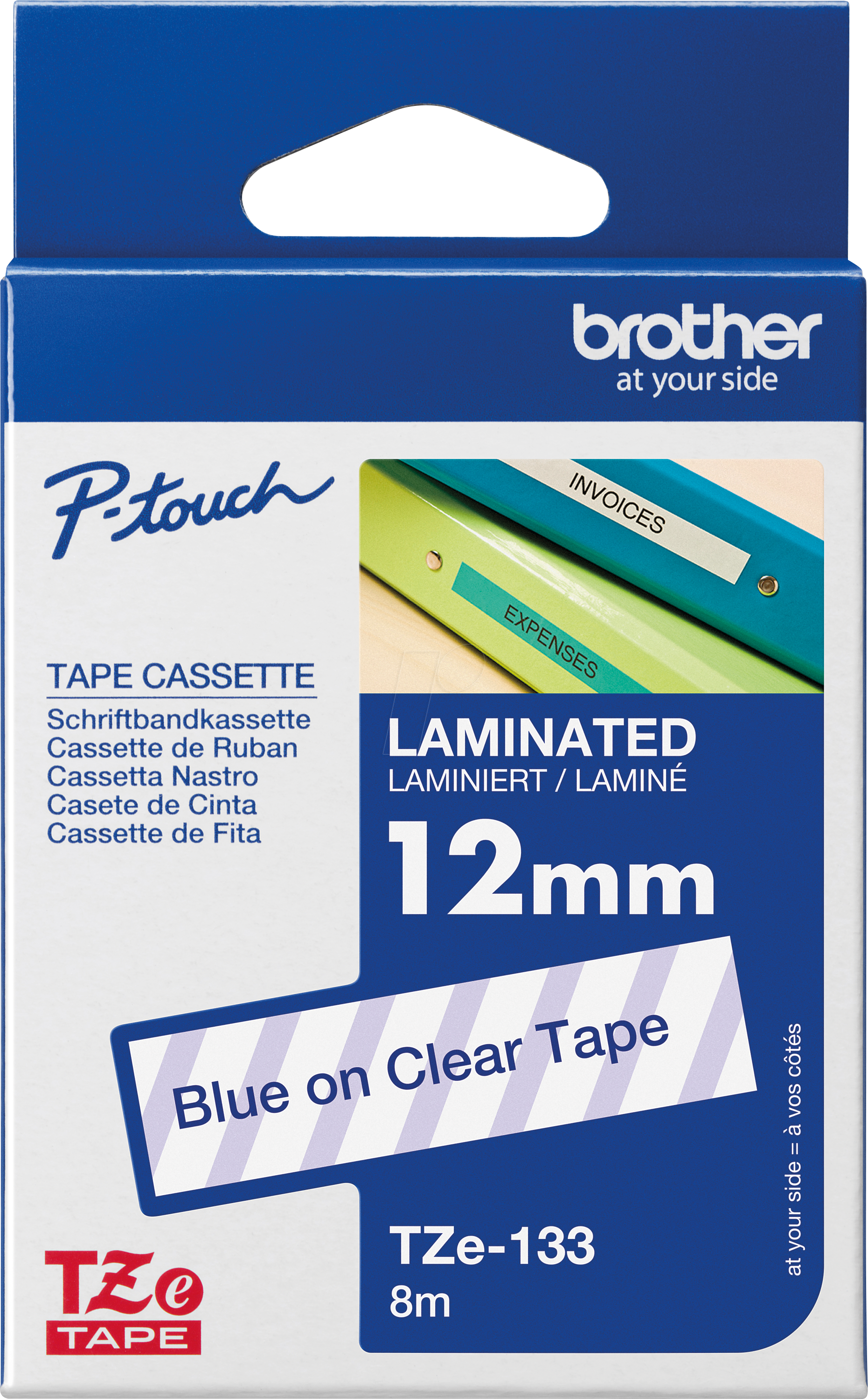 P-TOUCH TZE133 - laminiertes Schriftband, blau auf transparent, 12 mm