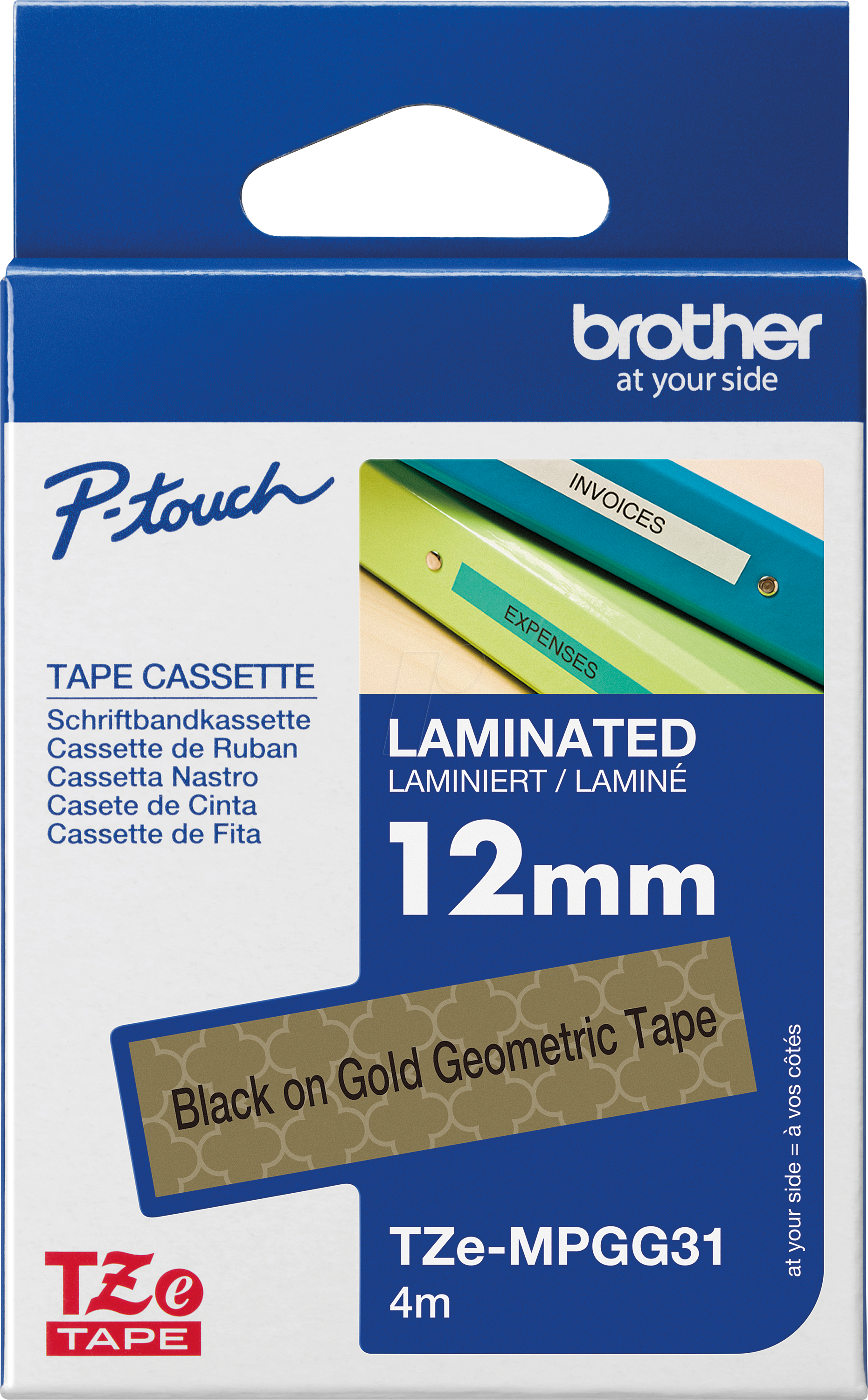 P-TOUCH EMPGG31 - laminiertes Schriftband, schwarz auf gold geometrisch, 12mm