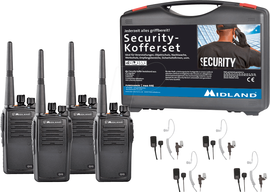 MIDLAND G15 S4 - PMR Funkgerät, Security-Koffer, 4er Set