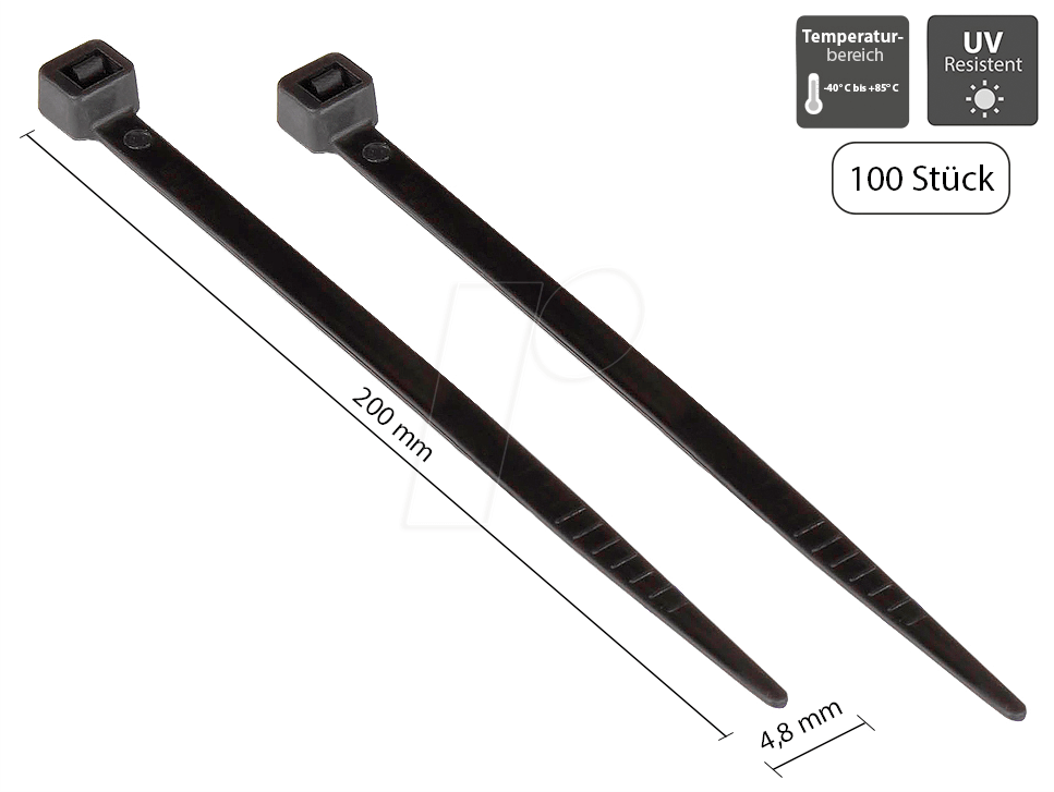 GC KAB-20S48 - Kabelbinder, UV-beständig, 200 mm, schwarz 100er-Pack