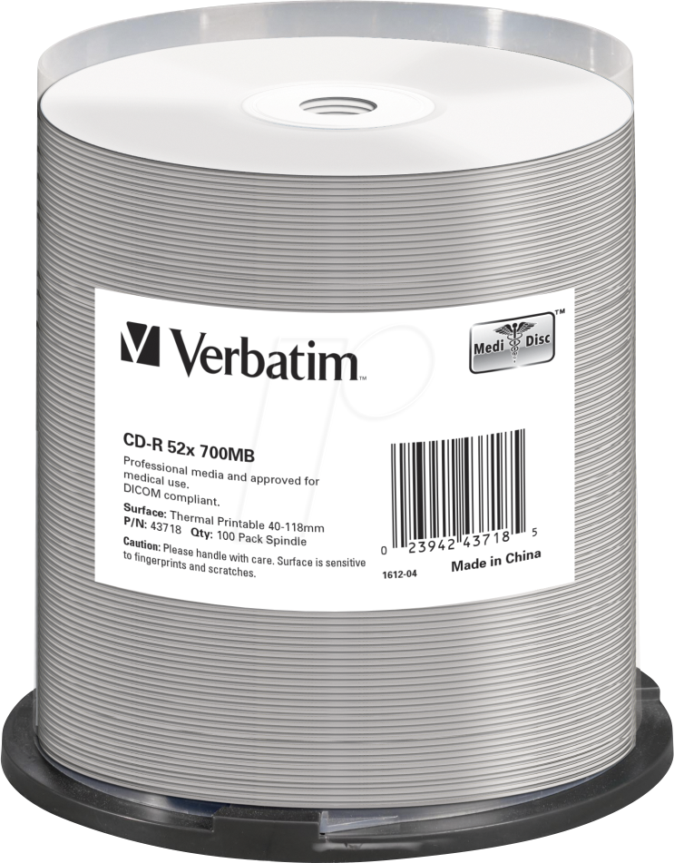 VERBATIM 43718 - CD-R 700 MB, 52x, Thermisch bedruckbar, 100er Spindel