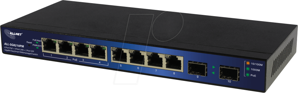Thumbnail - ALLNET ALLSG8210 - Switch, 8-Port, Gigabit Ethernet, PoE, 2xSFP