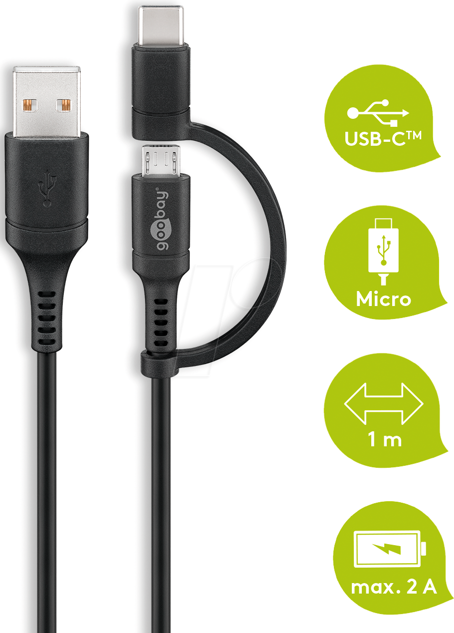 GOOBAY 71892 - Sync- & Ladekabel, USB-A -> micro B & USB-C™ Adapter, 1,0 m