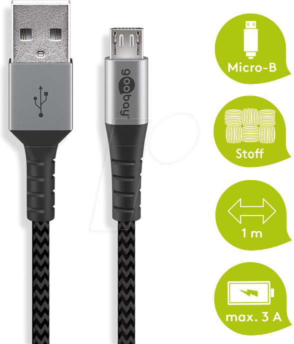 GOOBAY 49282 - Sync- & Ladekabel, USB-A > Micro-B, 1,0 m,Textil, schwarz