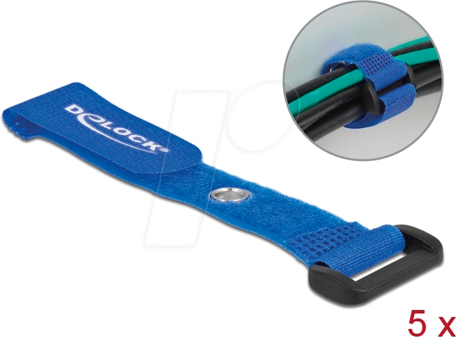 DELOCK 19539 - Klett-Kabelbinder mit Schlaufe und Öse L 150 x B 20 mm blau 5 St