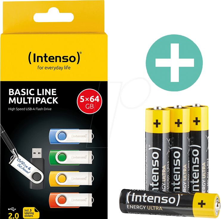 INTENSO 3503595B - USB-Stick, USB 2.0, 64 GB, 5er Pack, Batterie Bundle
