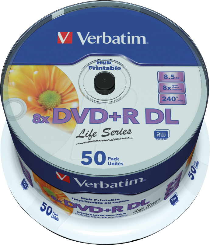 VERBATIM 97693 - DVD+R 8,5 GB Life Series, bedruckbar, 50er Pack Spindel