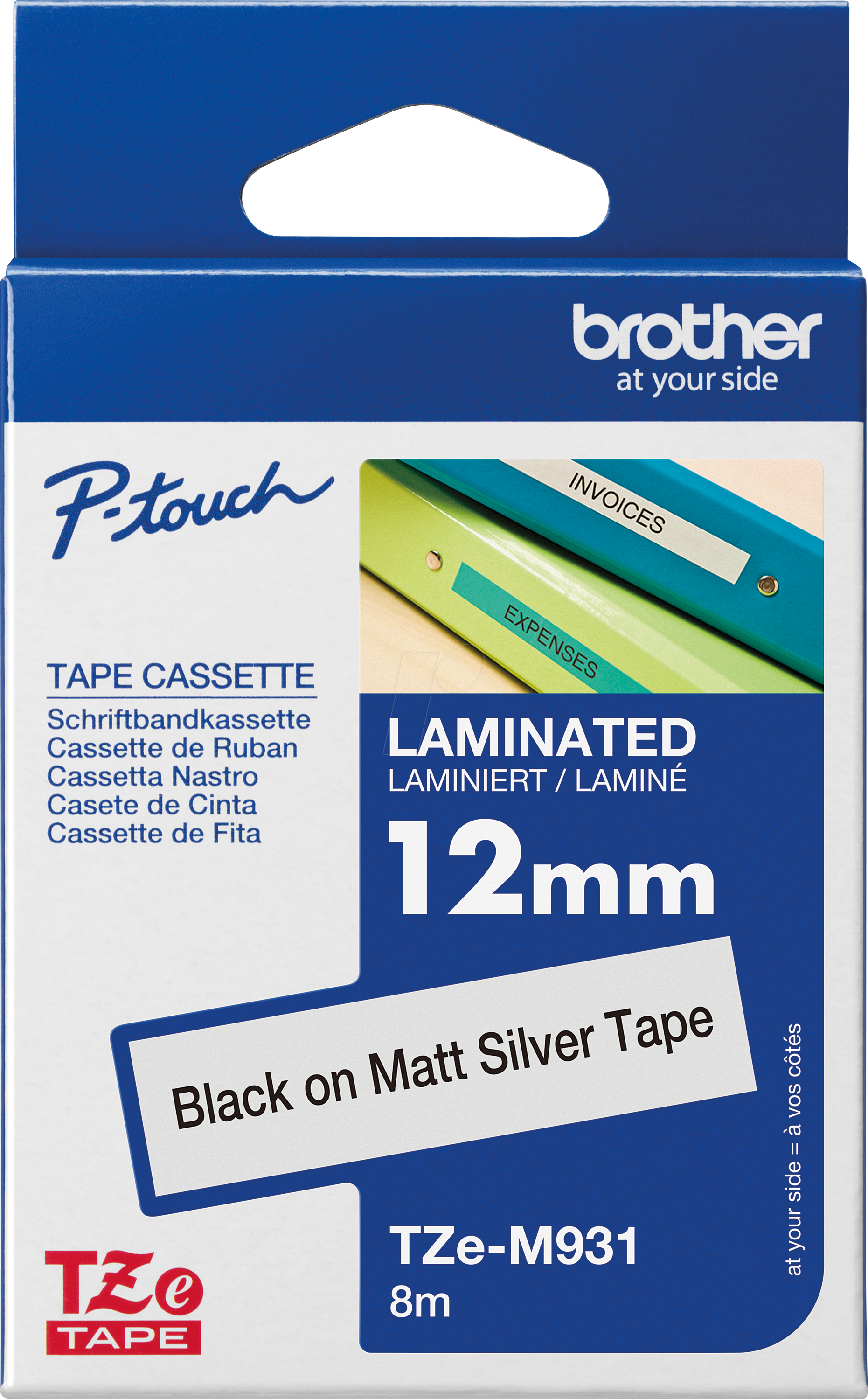 P-TOUCH TZEM931 - laminiertes Schriftband, schwarz auf silber, 12mm