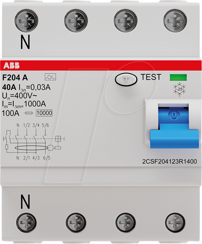 Thumbnail - ABB F204A-40003L - Fehlerstromschutz-Schalter, Typ A, 40 A, 30 mA, 4 polig