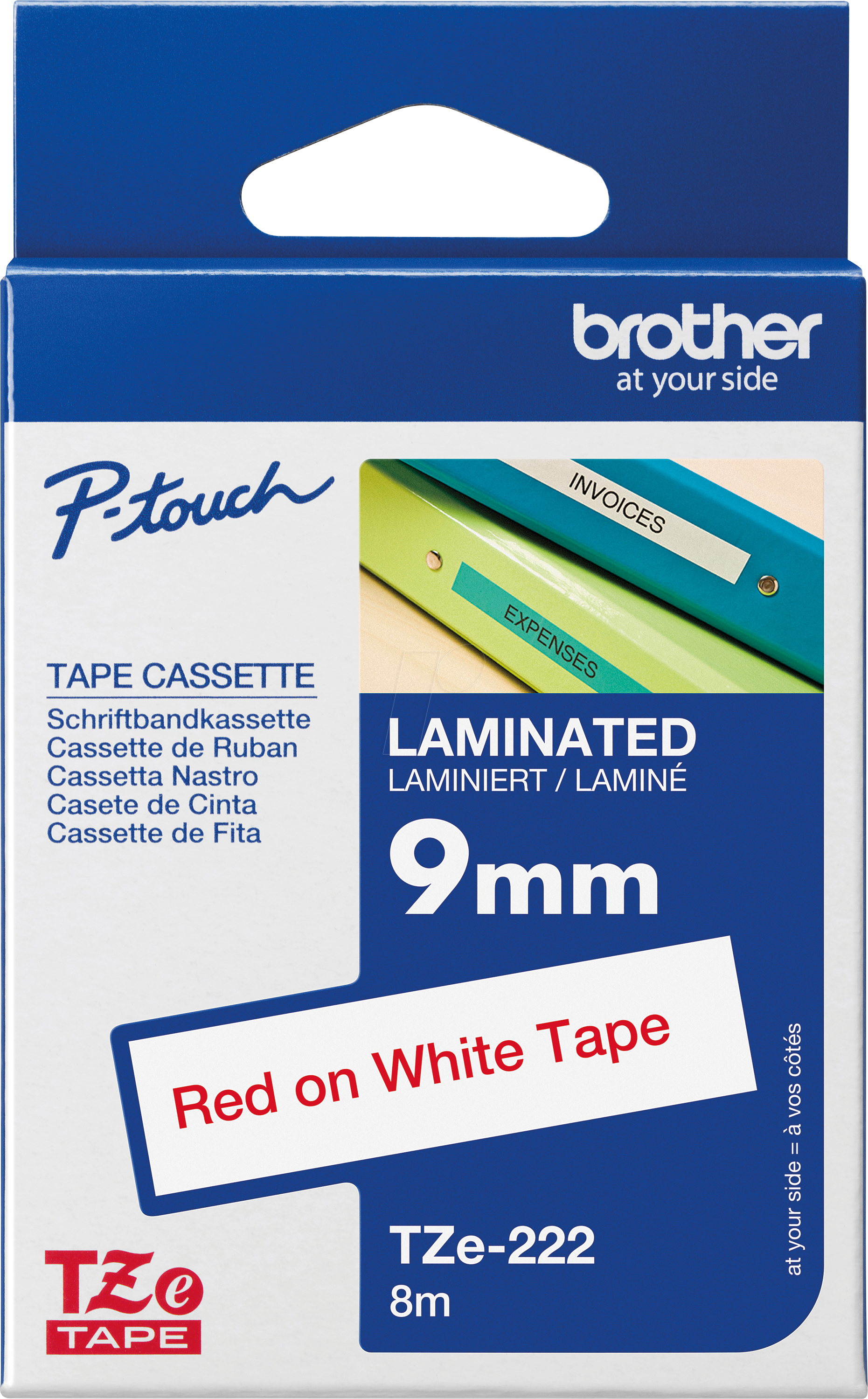 P-TOUCH TZE222 - laminiertes Schriftband, rot auf weiß, 9 mm