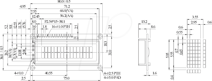 LCD-PM 2X16-6 H - LCD-Modul, 2x16, H:5,6mm, ge/gn, m.Bel.