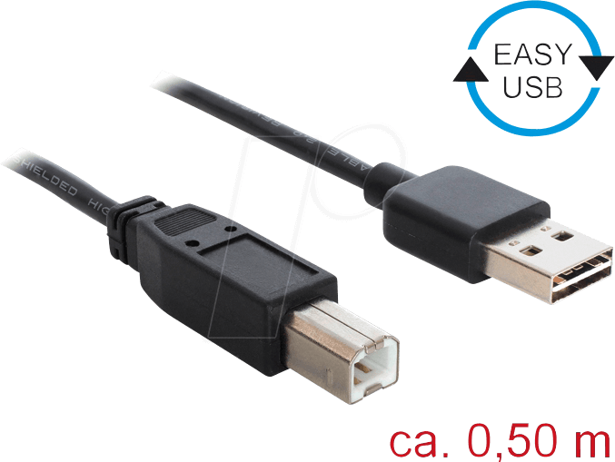 Thumbnail - DELOCK 83684 - USB 2.0 Kabel, EASY A Stecker auf B Stecker, 0,5 m, schwarz