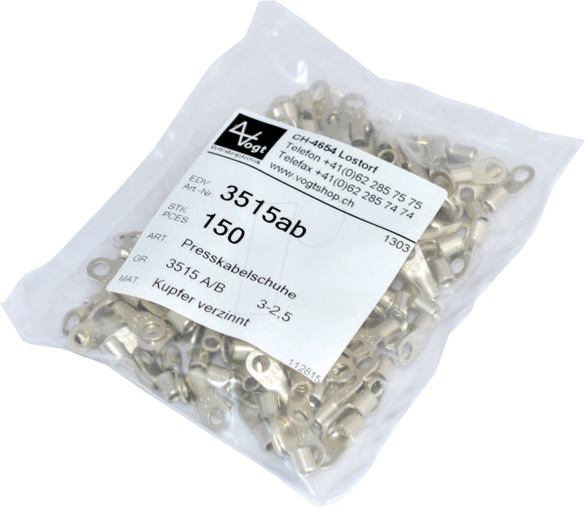 VT 3515AB - Presskabelschuhe, Kupfer verzinnt, M3, 1,5-2,5 mm², 150 Stk.