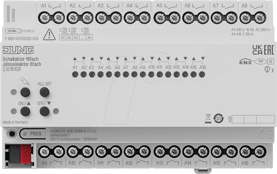 JG 23016 1S R - KNX Schalt- & Jalousieaktor 16-fach / 8-fach 16 A - Secure