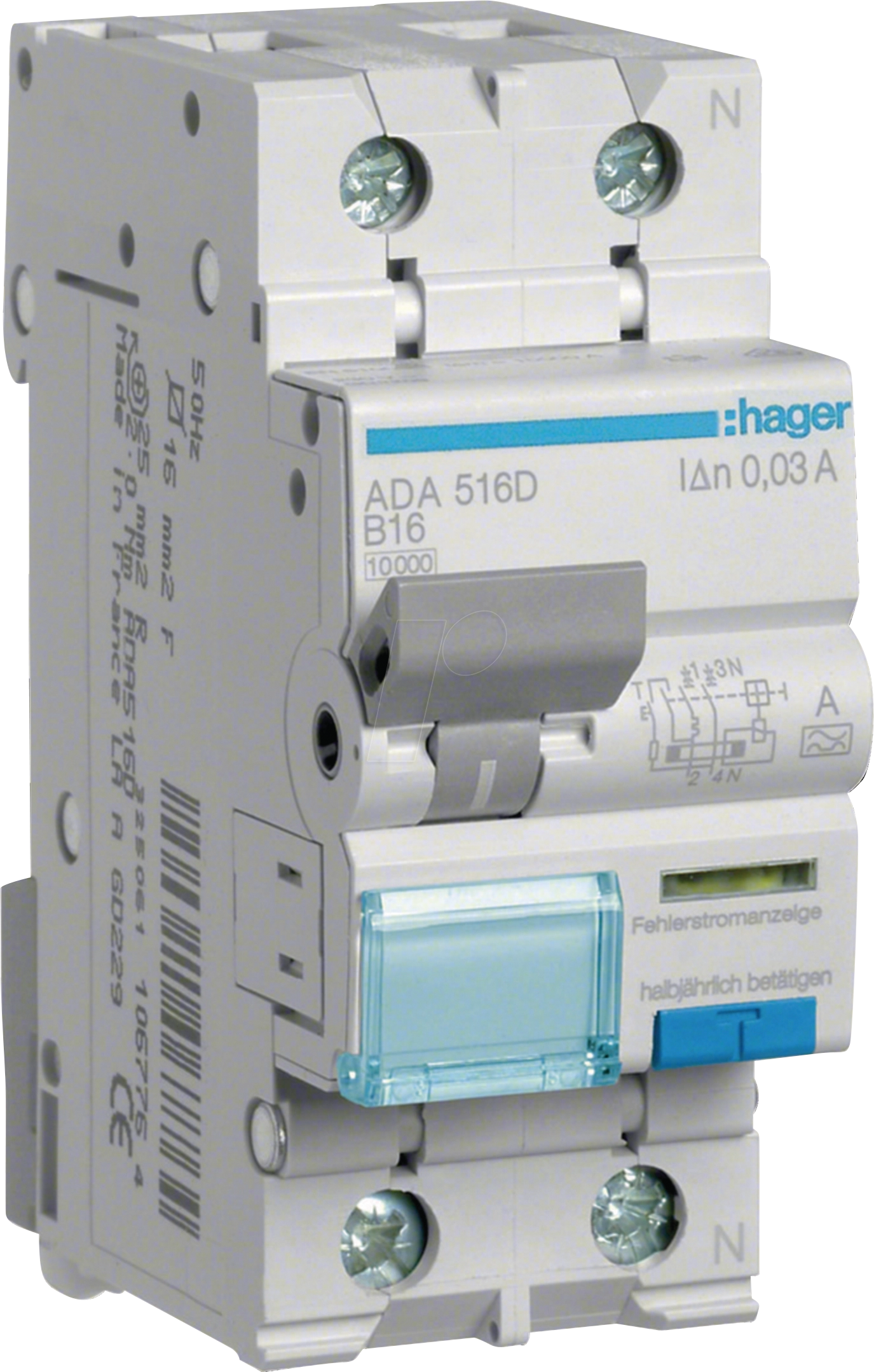 HAGER ADA516D - FI/LS-Schalter, 1P+N 10kA B-16A 30mA Typ A