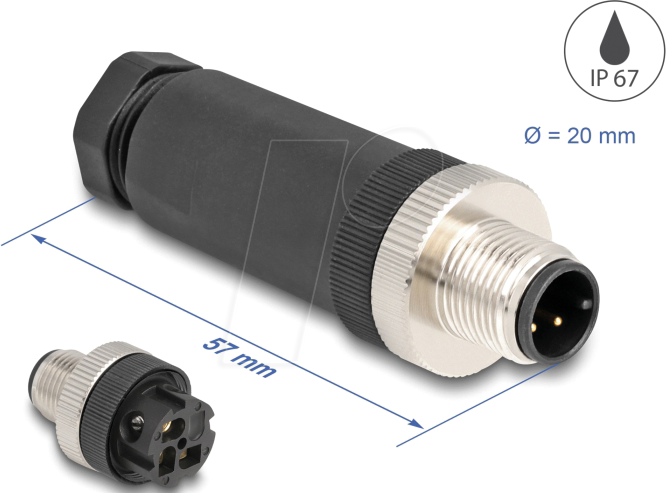 DELOCK 60566 - M12 Steckverbinder A-kodiert 3 Pin Stecker, mit Schraubanschluss