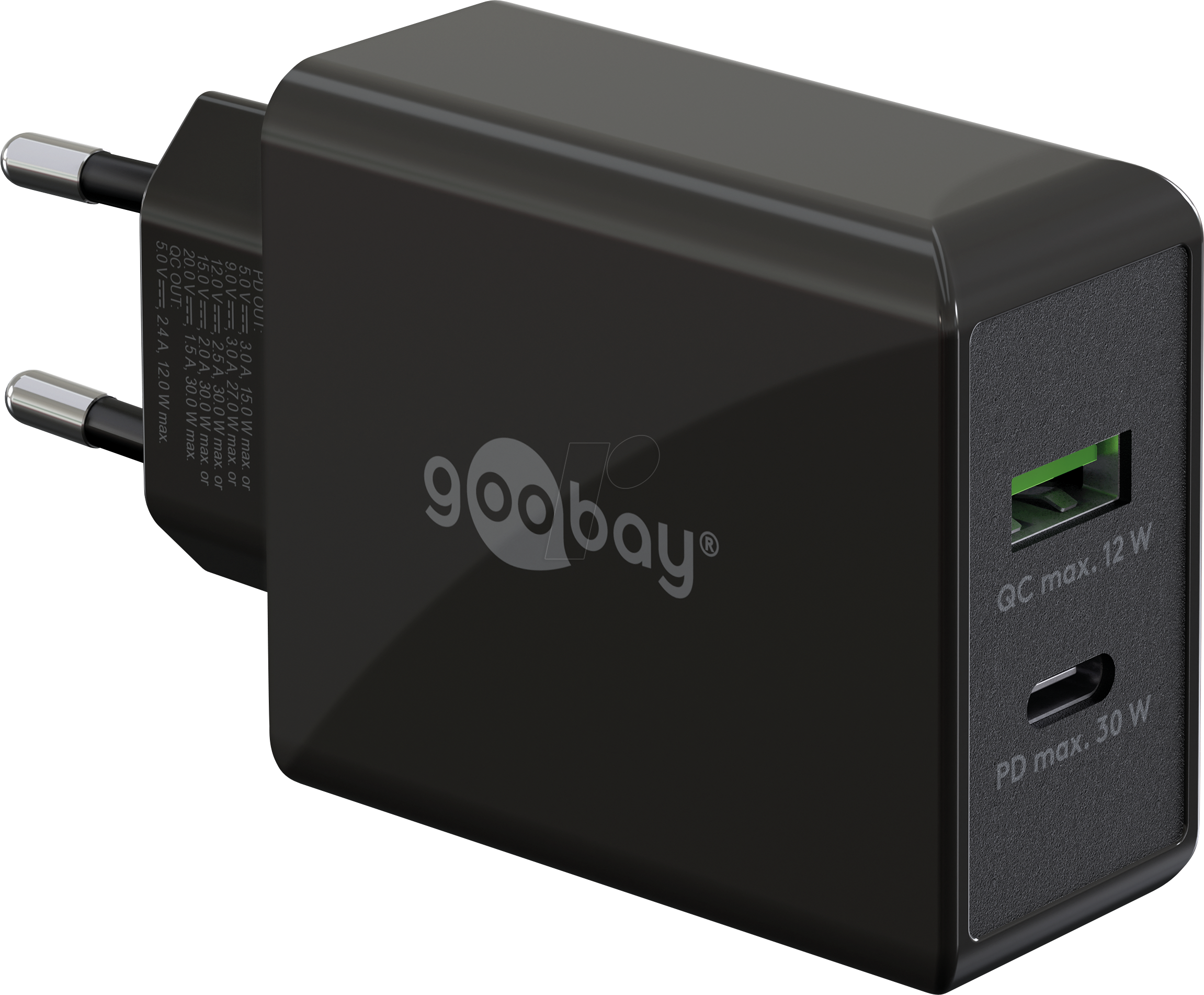 GOOBAY 61673 - USB-Ladegerät, 30 W, 1x USB-A, 1x USB-C (PD), schwarz