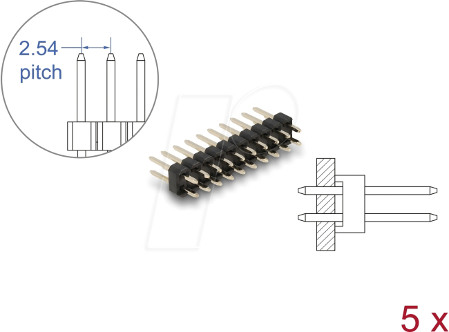 DELOCK 66698 - Stiftleiste 10 Pin, Rastermaß 2,54 mm, 2-reihig, gerade, 5 Stk.