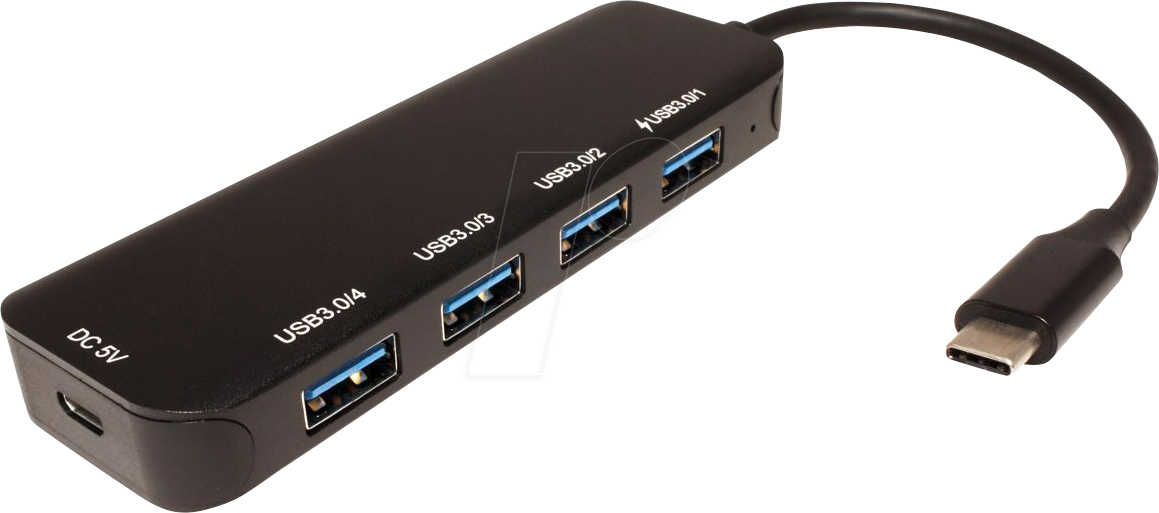 VALUE 14995039 - USB 3.0 Hub 4 Port, USB-C zu 4x USB 3.0 Typ A, mit Netzteil