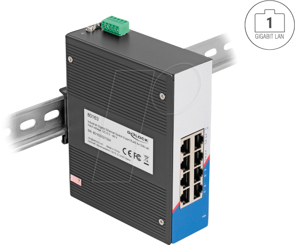 DELOCK 80163 - Industrie Gigabit Ethernet Switch 8 Port RJ45 für Hutschiene