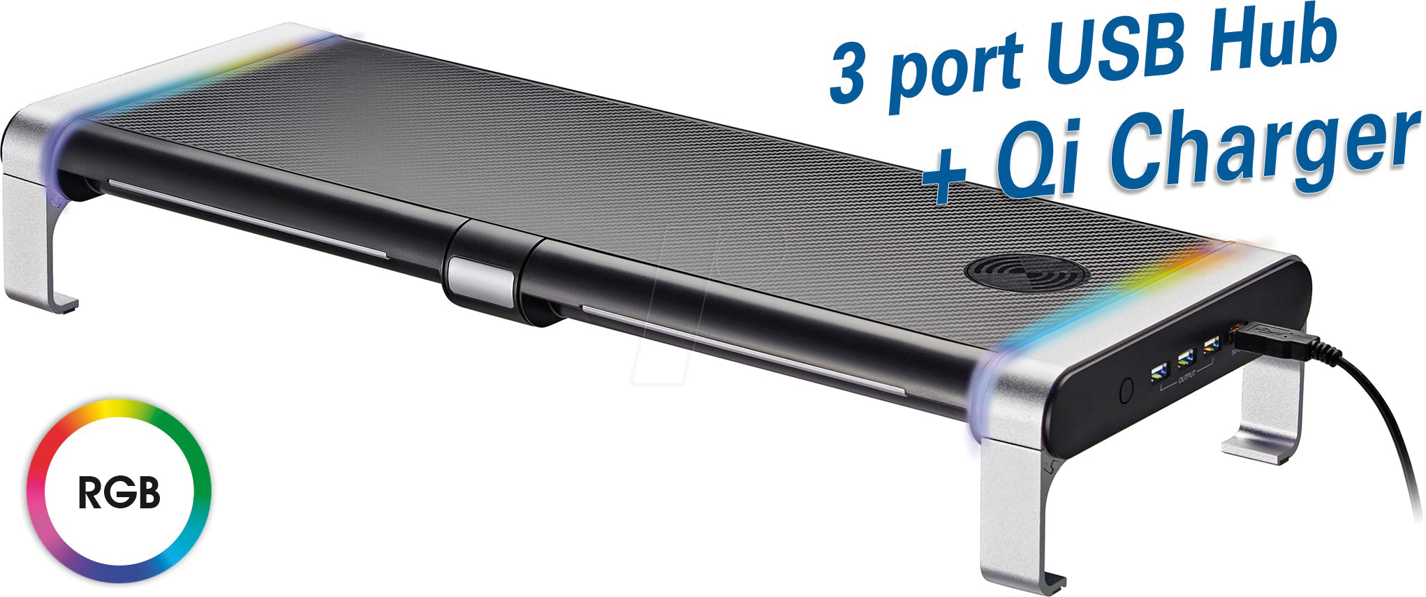 MYW HT43L - Monitorständer, zwei Schubladen, USB-Hub, Qi-Charger