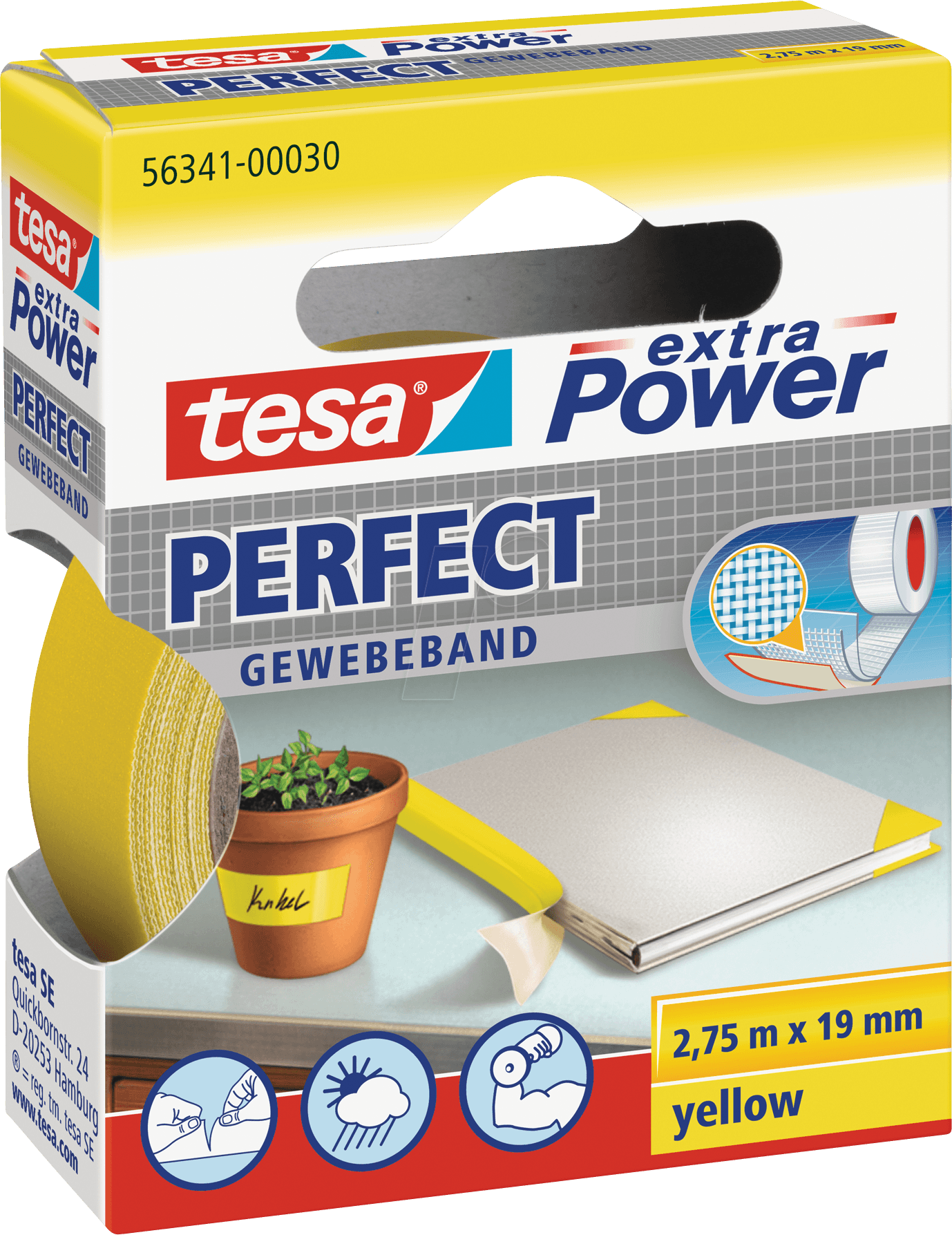 TESA 56341 GE - Gewebeband tesa extra Power® Perfect, 2,75 m x 19 mm, gelb