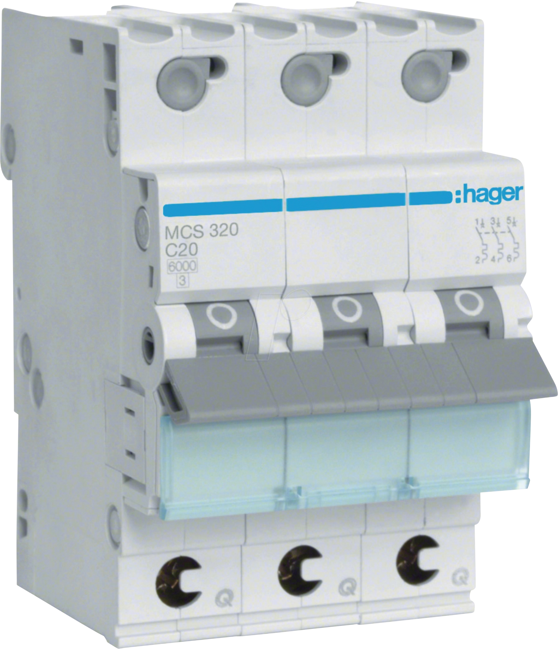 HAGER MCS320 - Leitungsschutzschalter, 3-polig, 6kA, C-Charakteristik, 20A, 3TE
