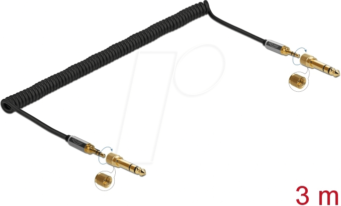DELOCK 85838 - Klinke 3,5 mm Stecker/Stecker, 2x 6,35mm Adapter, Spiral, 3 m