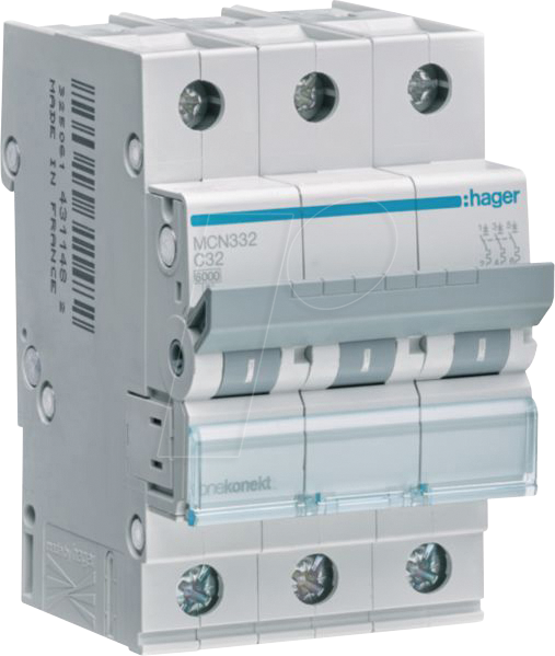 HAGER MCN332 - Leitungsschutzschalter 3 polig 6kA C-Charakteristik 32 A 3 Modul