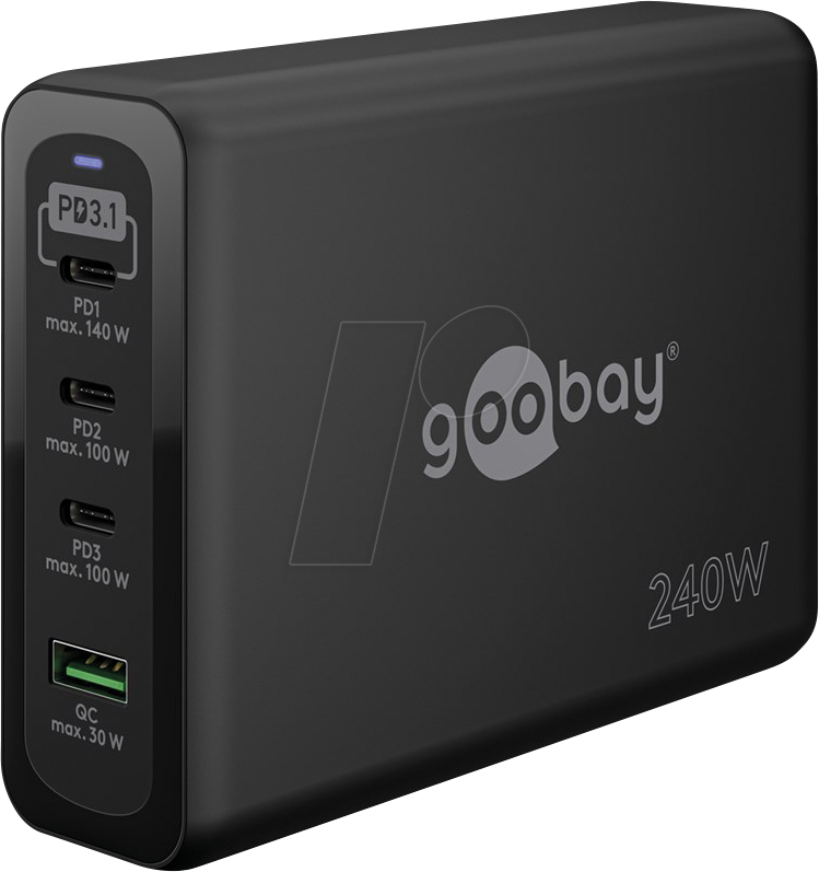 GOOBAY 65885 - USB-Ladegerät, 240 W, 1x USB-A (QC), 3x USB-C (PD), GaN, schwarz