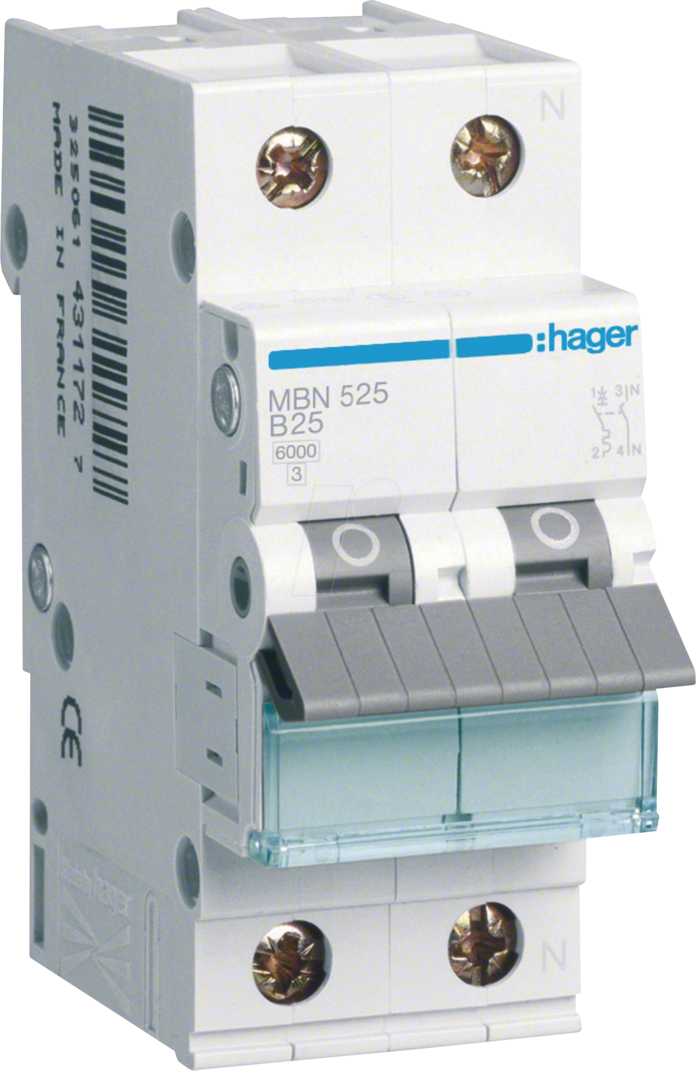 HAGER MBN525 - Leitungsschutzschalter, 1P+N, 6kA, B-Charakteristik, 25A, 2TE