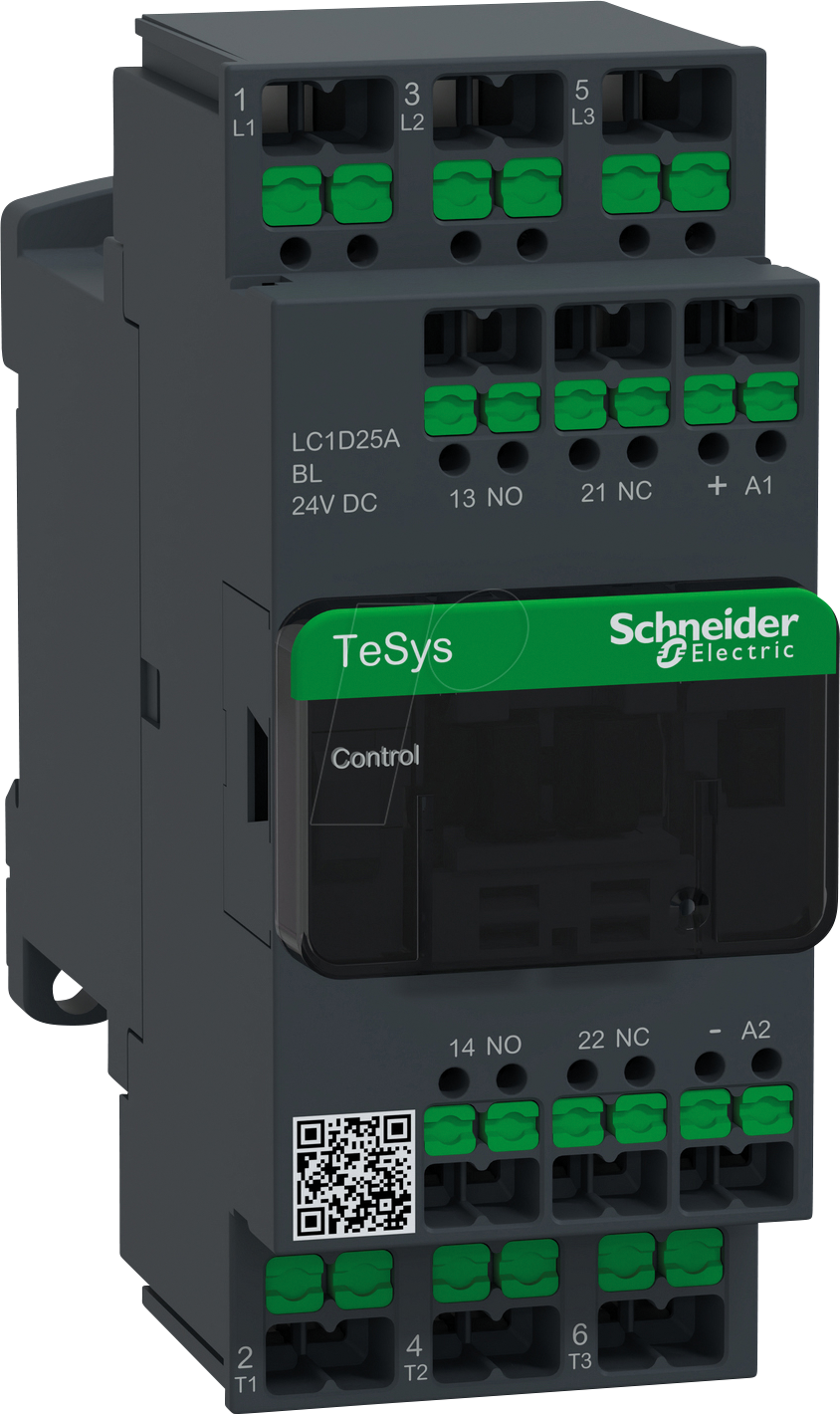 Thumbnail - LC1D25ABL - Leistungsschütz 11kW, 25A, 400V AC3, 24V DC ger. Leist., Snap-In