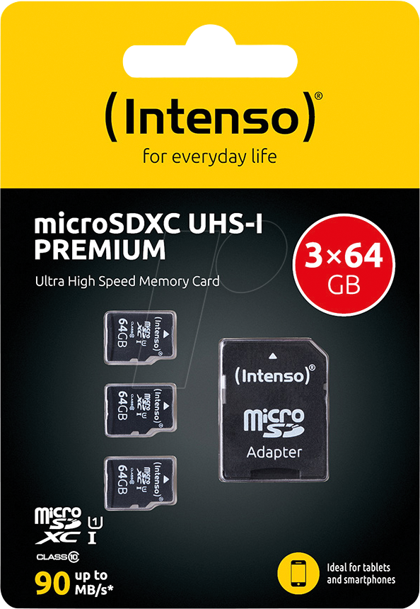 INTENSO 3423593 - microSDXC-Speicherkarte 64GB, UHS-I Premium, 3er Pack