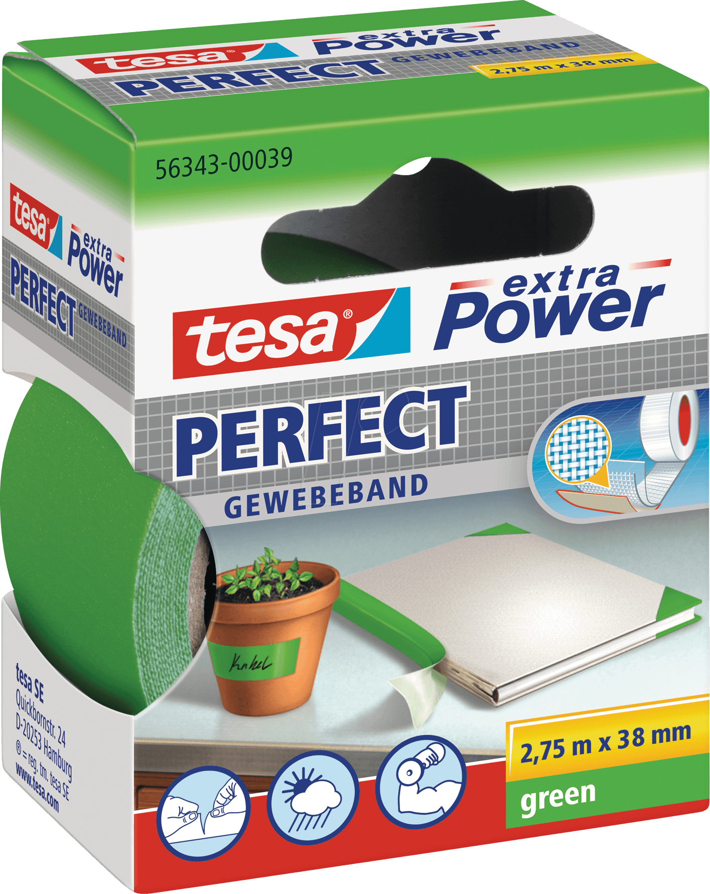 TESA 56343 GN - Gewebeband tesa extra Power® Perfect, 2,75 m x 38 mm, grün