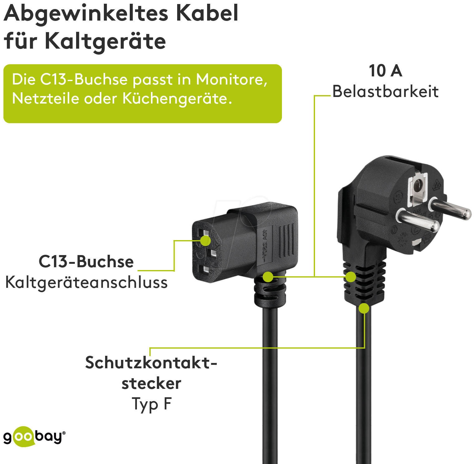 GOOBAY 93119 - Beidseitig abgewinkeltes Kaltgeräte-Anschlusskabel, 5 m, Schwarz