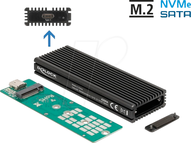 DELOCK 42004 - Externes M.2 NVMe/SATA SSD Gehäuse, USB 3.1 Type-C
