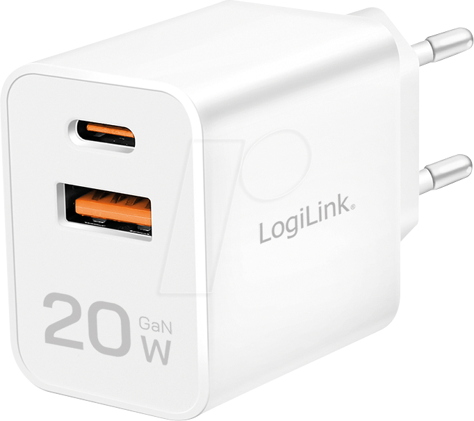 LOGILINK PA0369 - USB-Ladegerät, 20 W, 1x USB-C PD, 1x USB-A, GaN, weiß