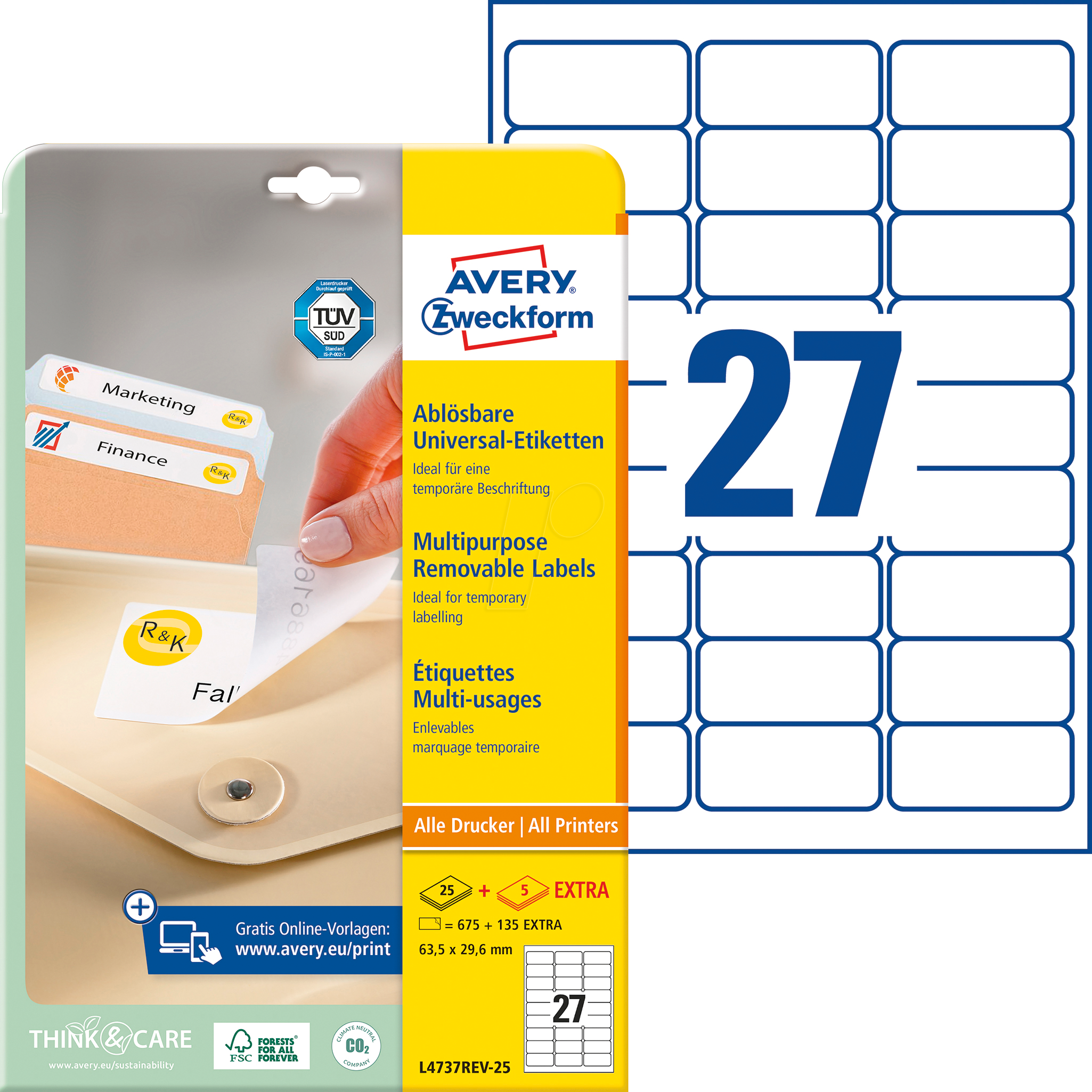 AVZ L4737REV-25 - Ablösbare Universaletiketten, 63,5 x 26,9 mm, weiß