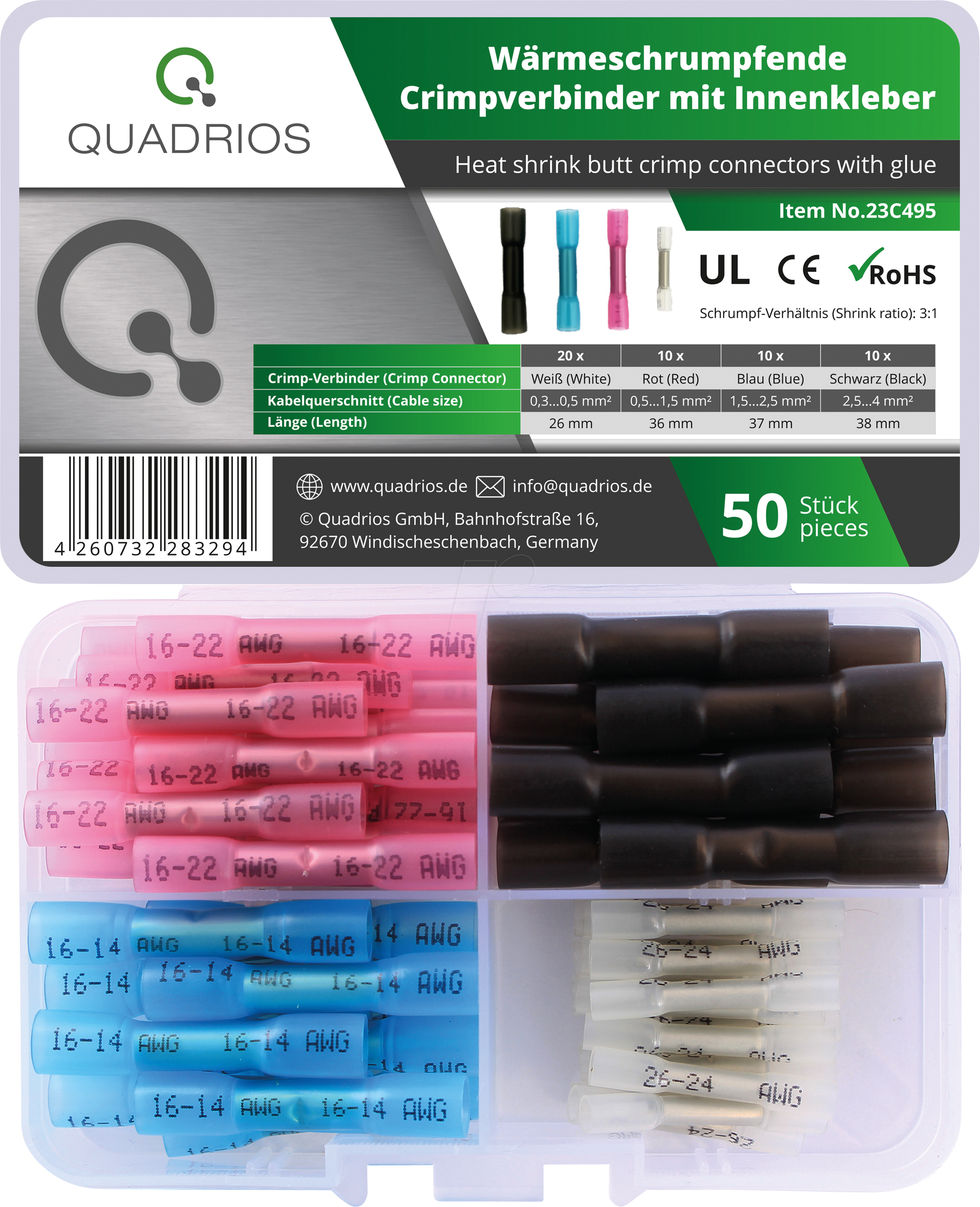 QUAD 23C495 - Schrumpf-Stoßverbinder-Sortiment, 3:1, 50 Teile