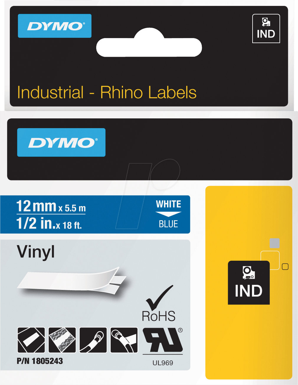 DYMO IND 1805243 - DYMO IND Band Vinyl, 12mm, weiß/blau
