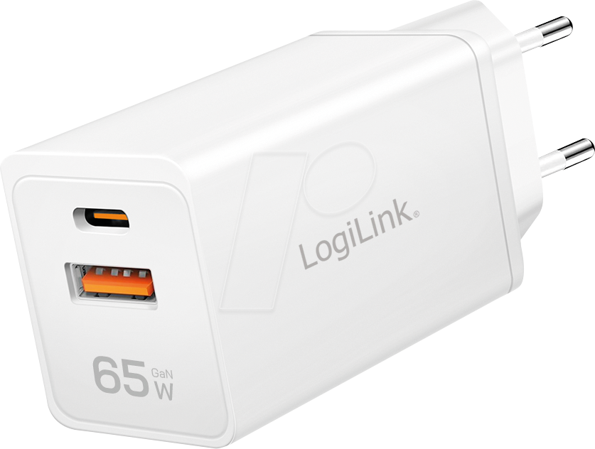LOGILINK PA0371 - USB-Ladegerät, 65 W, 1x USB-C PD, 1x USB-A QC, GaN, weiß