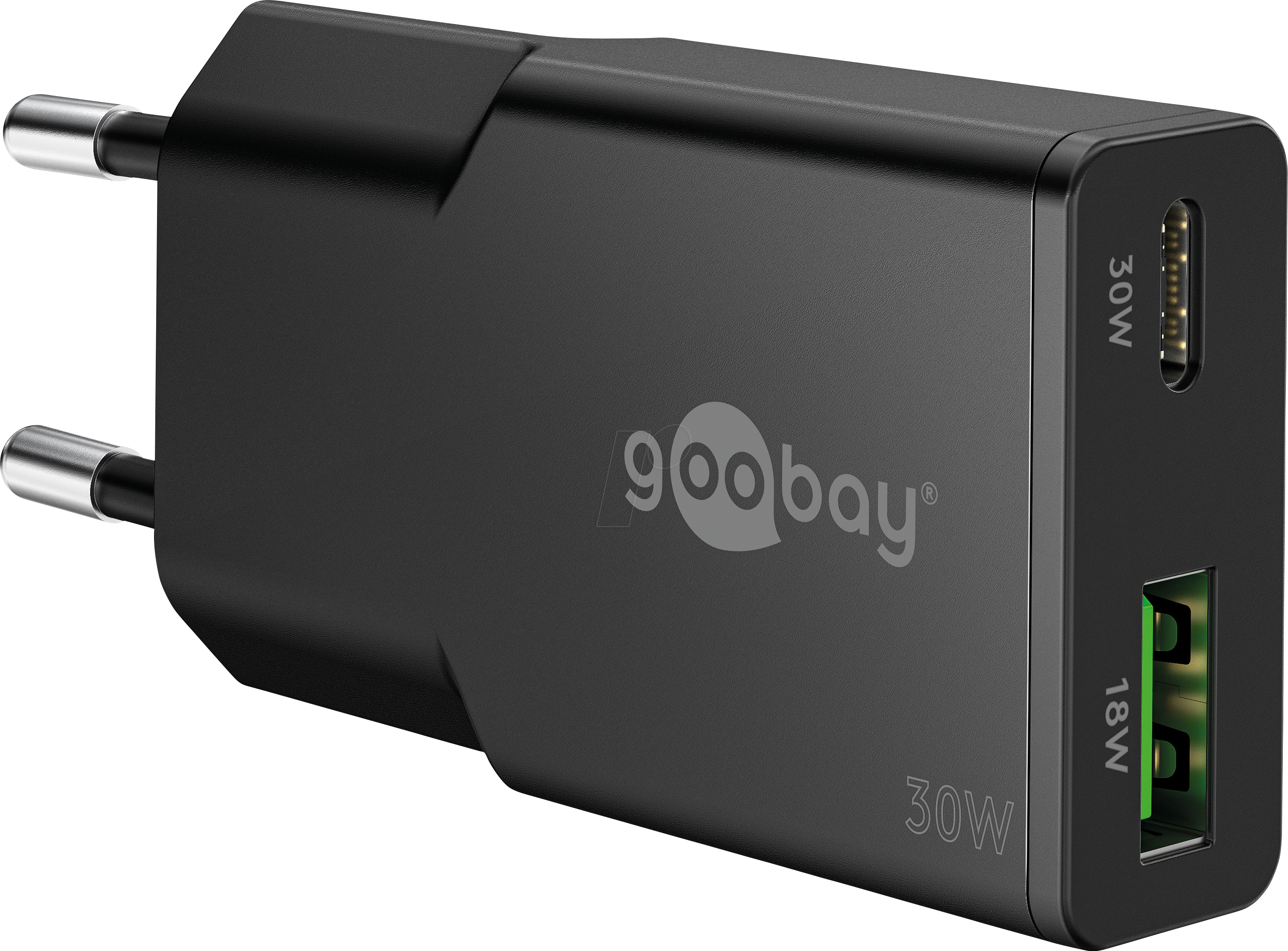 GOOBAY 75737 - USB-Ladegerät dual, 30 W, 1x USB-C PD 1x USB-A QC, GaN, schwarz