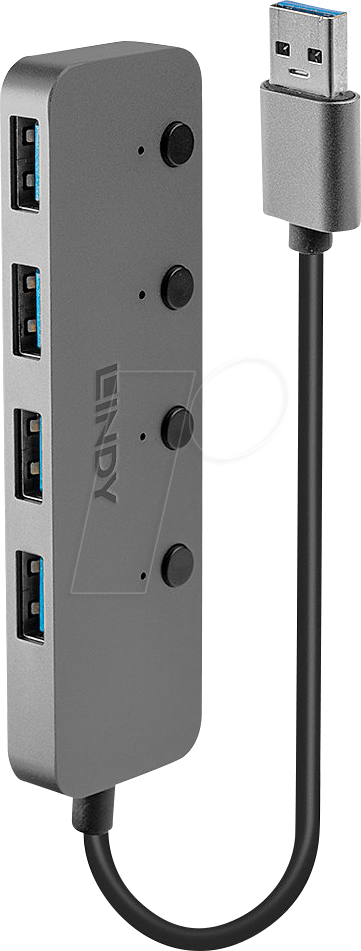 LINDY 43309 - USB 3.0 4-Port Hub, 4x A, Schalter