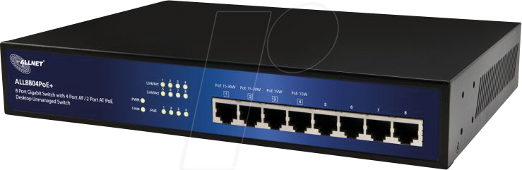 Thumbnail - ALLNET ALL8804P+ - Switch, 8-Port, Gigabit Ethernet, PoE+